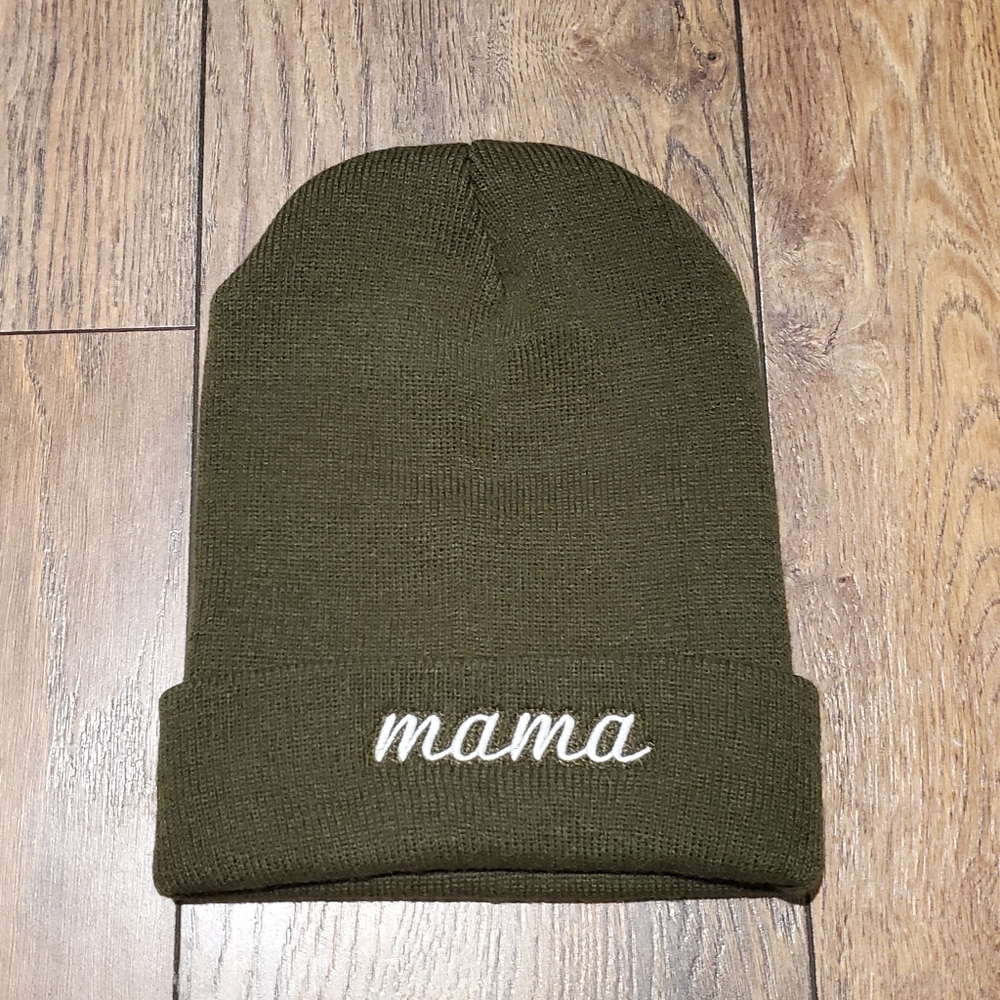 Embroidered "Mama" toque/hat/beanie (Olive Green)